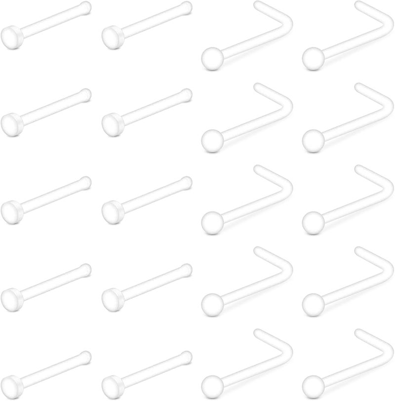 D.Bella 18G 20G Clear Nose Studs Acrylic L Shape Nose Rings Bioflex Bone Pin Straight Nose Studs Flexible Nose Piercing Retainer Flat Top for Men Women - Image 1